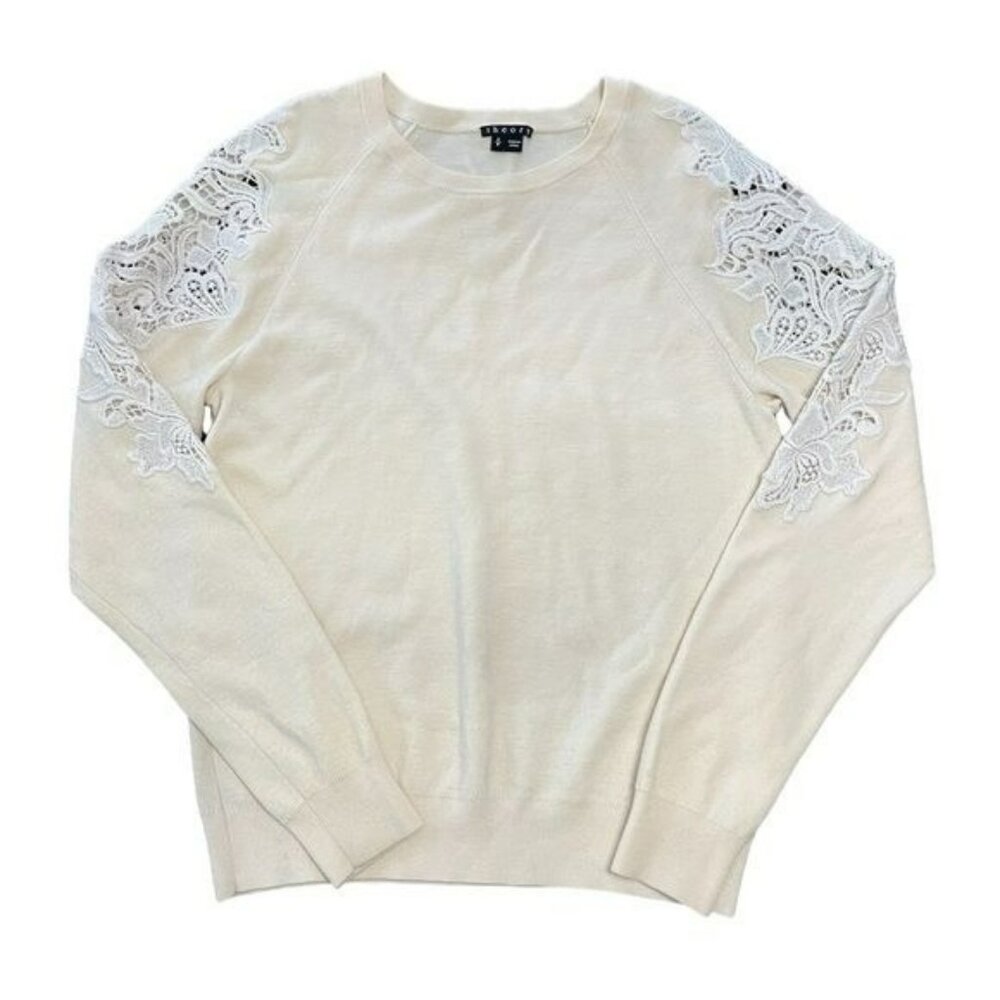 Theory Treston Evian Wool Sweater Lace Shoulders Women's Size S / P Cream